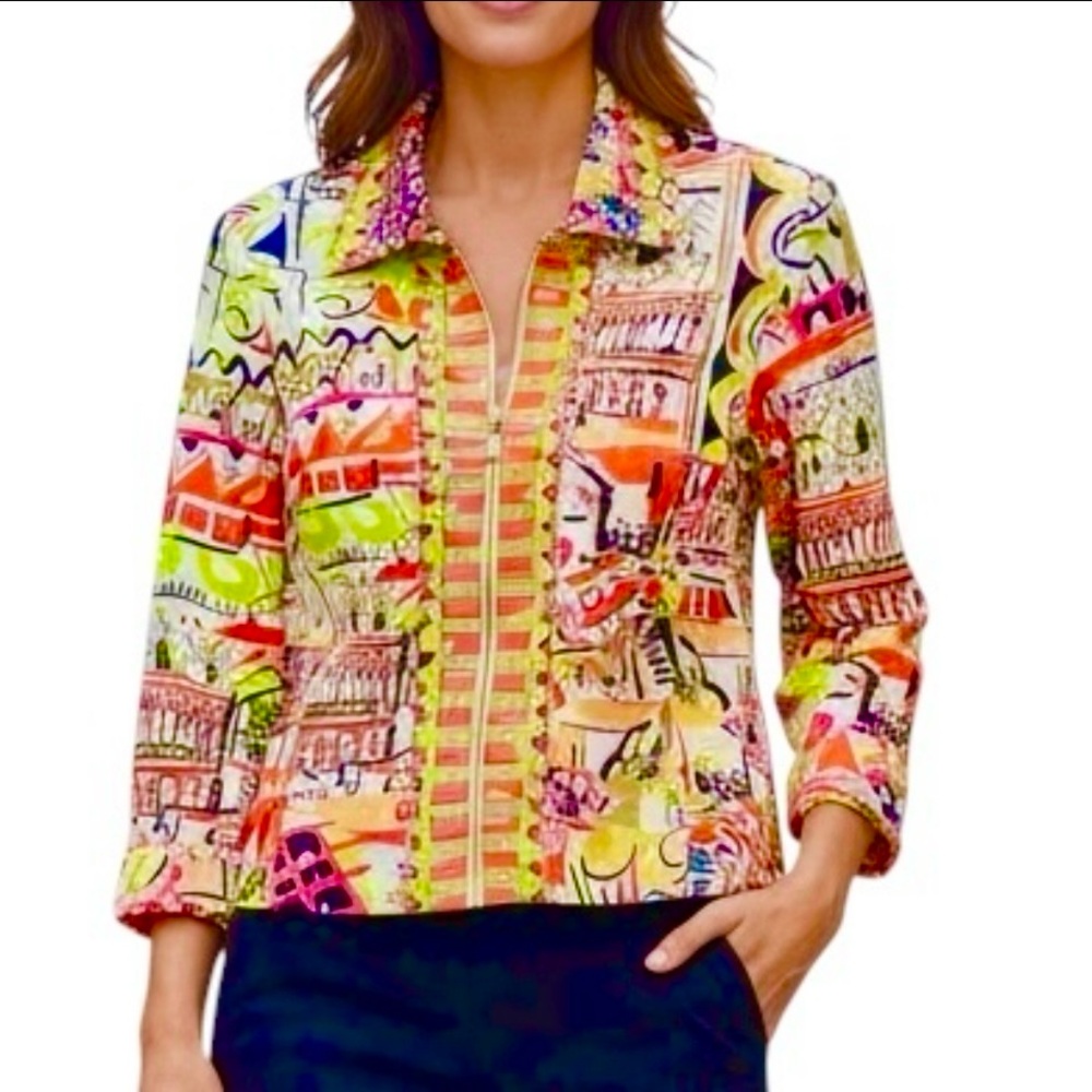 City Girl Nancy Bolen Jacket Multicolor Art Graphic Full Zipper Blazer